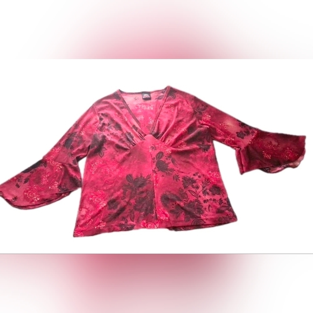 Vintage 90s Y2K Red Floral Mesh Flutter Sleeve Top 1X Divalicuous